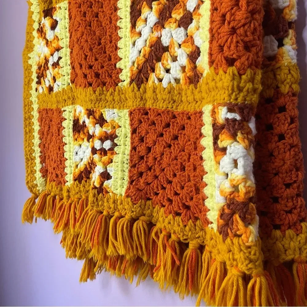 Vintage Retro Orange Granny Square Handmade Afghan Crochet Quilt Blanket Throw